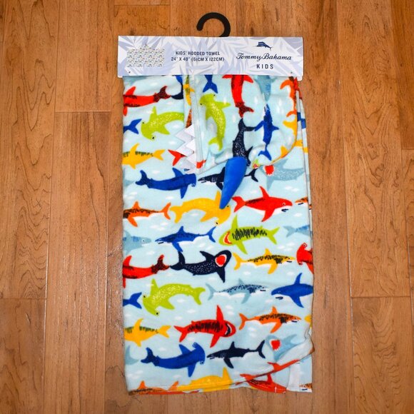 NWT Tommy Bahama Shark Print Kids Hooded Towel 24" x 48" - Picture 1 of 5